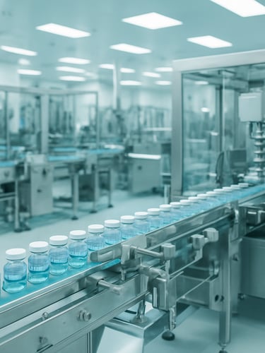 Wide-angle cleanroom facility with high-precision automated packaging lines, bright sterile white lighting with soft teal highlights