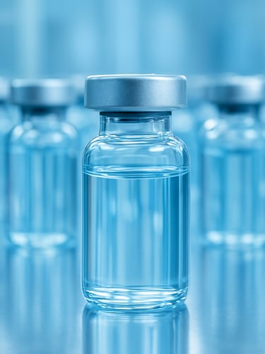 Macro photograph of sterile vaccine vials under blue clinical lighting, high-precision pharmaceutical manufacturing, cleanroom environment, 50mm