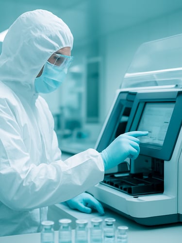 A sterile laboratory cleanroom with a scientist in protective gear operating high-precision diagnostic testing instrumentation, cool medical teal tones