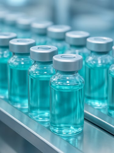 Macro photograph of sterile glass vaccine vials with teal liquid, organized on a stainless steel cleanroom assembly line, bright clinical lighting, cool blue ambient highlights, 50mm