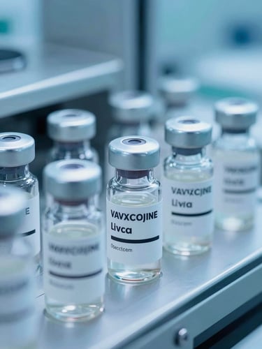 Macro clinical photograph of sealed vaccine vials on a high-precision sterile manufacturing line, cool blue and medical teal lighting, 50mm