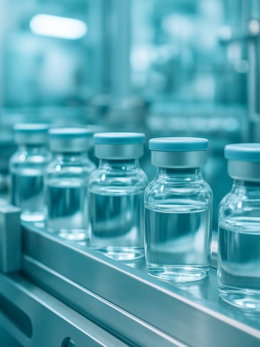 Macro focus on sterile pharmaceutical packaging line with clean clinical lighting, blue and teal ambient tones, high-precision manufacturing environment, 50mm