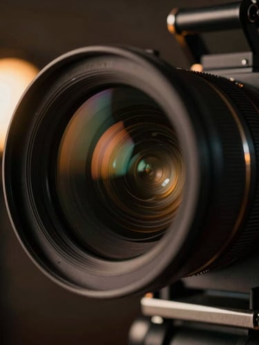 Extreme close-up of a high-end cinema camera lens rig with anamorphic lens flares, moody chiaroscuro lighting, electric amber practical lights in the background, 35mm film photography