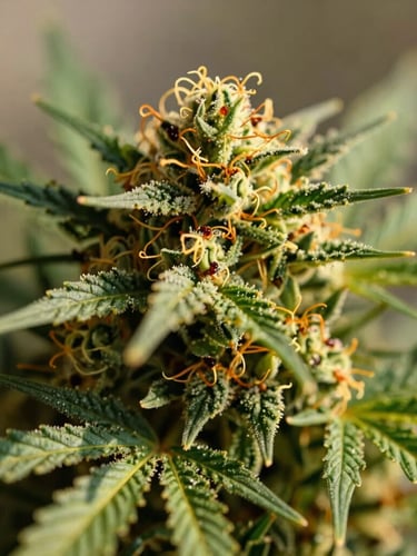 Macro close-up of rich green cannabis flower showing natural golden trichomes and amber pistils, soft afternoon sunlight, shallow depth of field.