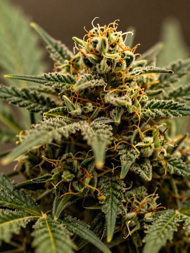 A macro product shot of rich green cannabis flower showing natural trichomes, warm ambient lighting.