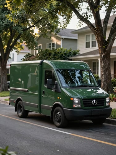A clean, unmarked dark green delivery vehicle parked on a quiet, tree-lined residential street in Alexandria, soft natural afternoon sunlight filtering through the leaves.