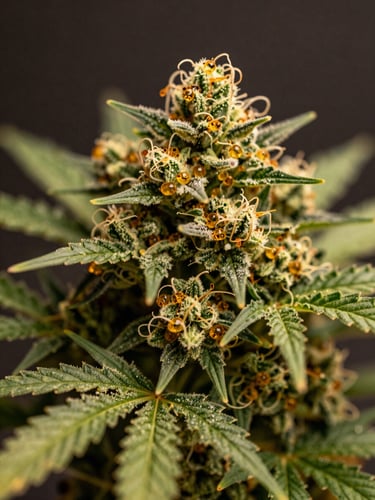 Macro close-up of a rich green cannabis flower showing natural amber trichomes, soft warm side lighting, dark moody background.