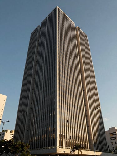Vista arquitetônica abstrata de um edifício corporativo moderno em São Paulo, linhas geométricas limpas, sombras marcadas de fim de tarde, luz difusa.