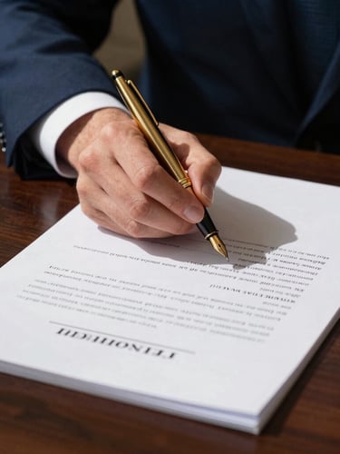 Close-up of a hand signing a legal document with a gold fountain pen, on a dark polished wood table, dramatic side lighting, sharp shadows, corporate navy and gold tones, 35mm lens.