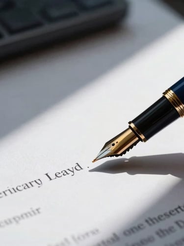 Extreme close-up of a fountain pen signing a legal document on high-end corporate stationery, dramatic architectural light, deep shadows, corporate navy and gold tones, 35mm lens