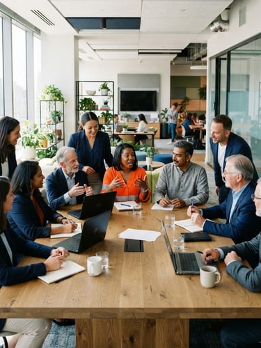 Wide shot of diverse corporate team collaborating with community leaders in a modern, sunlit office, high-contrast, professional 35mm.