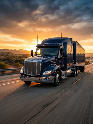 Low-angle cinematic shot of a modern dark blue semi-truck driving on a wide California highway at sunset, dramatic golden hour light, blurred motion