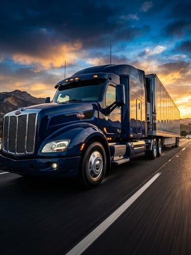 Dynamic low-angle shot of a modern semi-truck driving on a California highway at golden hour, cinematic lighting, deep navy and electric blue tones, wide-angle lens