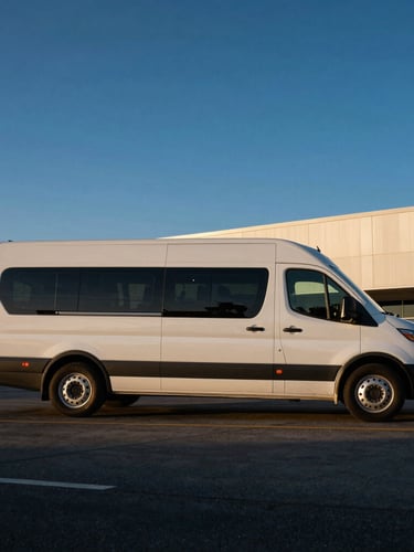 Side profile of a clean modern commercial transport fleet vehicle parked under dramatic twilight lighting at a high-tech logistics hub in North Hollywood