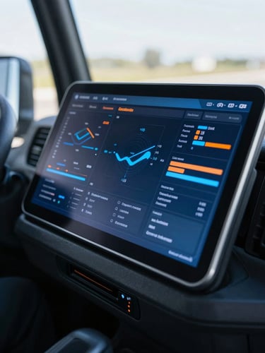 Close-up of a modern digital logistics dashboard on a tablet inside a truck cabin, glowing blue and orange data visualizations, high-contrast, realistic.