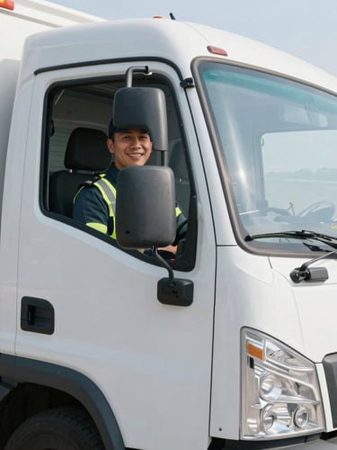 Close-up portrait of a professional uniformed driver smiling next to a modern clean delivery truck, bright morning daylight, high-contrast realistic photography.
