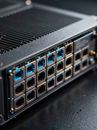 Extreme close-up of a server blade with glowing cyan ports, dark metallic textures, minimal high-contrast lighting.