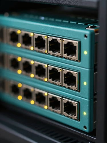 Macro photography of physical server infrastructure with sharp cyan edge-lighting, focusing on ethernet ports and glowing status LEDs.