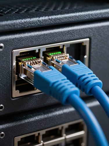 Extreme close-up of a high-security server rack port with a cyan ethernet cable plugged in, subtle green status light flashing, dark metallic textures.