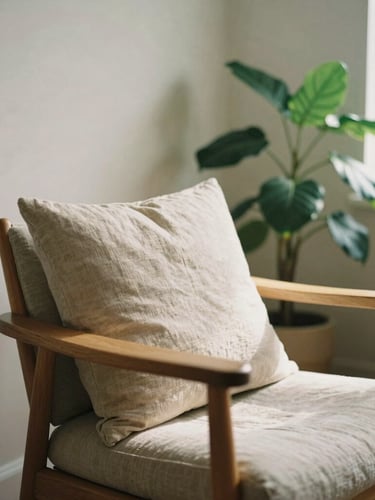 Warm editorial photography of a softly lit therapy office, natural oak chair, linen pillows, a leafy green plant in the corner, diffused morning light, shallow depth of field, 35mm film