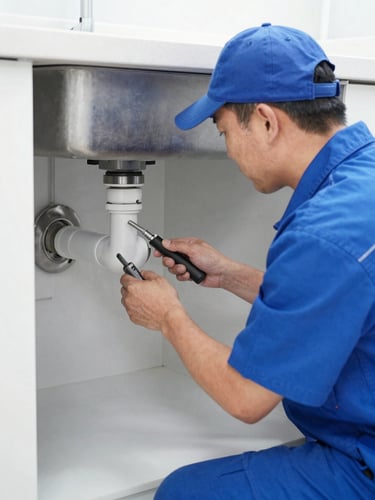 A professional technician in a clean blue uniform neatly servicing a pipe under a kitchen sink, using advanced tools, bright natural lighting