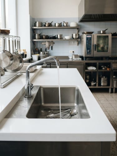 Bright modern kitchen post-service, gleaming white countertops, clean stainless steel sink with water flowing freely, soft daylight, professional atmosphere