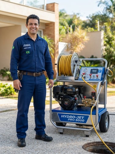 A professional Brazilian plumber in a clean blue uniform standing next to a high-tech hydro-jetting machine, bright daylight, high trust.