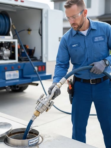 A professional plumbing technician in a clean blue uniform operating a high-pressure hydro-jetting hose. Bright daylight, crisp focus on the modern metal nozzle and clean equipment, no mess.