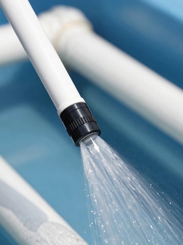 Close-up of a high-pressure hydro-jetting nozzle spraying clean water inside a pipe, bright white utility lighting, sharp focus, technical precision.