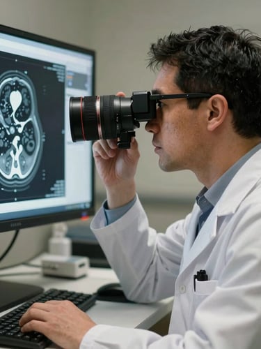 Especialista médico analizando una tomografía computarizada de alta resolución en una pantalla de diagnóstico, luz ámbar reflejada en su rostro