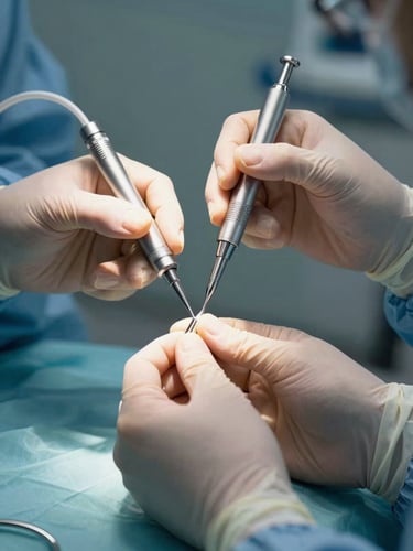 Primer plano de manos de un cirujano con guantes estériles ajustando un instrumento laparoscópico de alta precisión, iluminación clínica fría