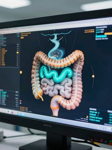 Macro view of a high-resolution diagnostic monitor displaying detailed gastrointestinal imaging, glowing sharp teal and amber interface markings, bright cool sterile clinical lighting, shallow depth of field, no people.