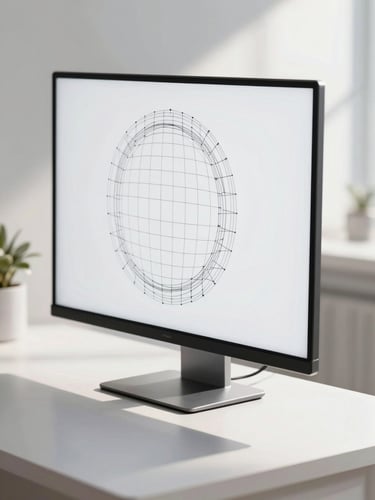 Bright, clinical, natural daylight with high contrast and sharp shadows. Macro shot of a clean, high-resolution wireframe on a modern physical screen, empty premium workspace in the background.