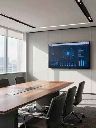 Bright, clinical, natural daylight with sharp shadows. Empty, premium corporate meeting room with structured architectural lines and a large physical display showing a digital interface.