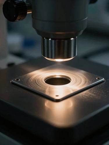 Macro close-up of laboratory assay equipment, intense directional light reflecting off brushed steel and gold surfaces, deep shadows, clinical precision.