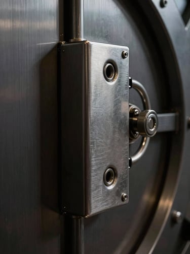 Macro close-up of a heavy brushed-steel vault door locking mechanism, low-key dramatic lighting, deep shadows, metallic highlights, sharp focus.