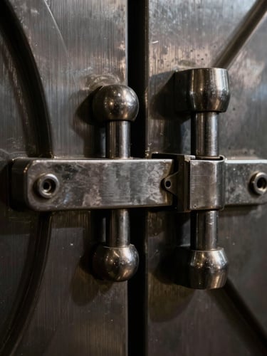 Macro close-up of a massive, heavy steel vault door hinge with brushed metal textures, dramatic low-key directional lighting, deep shadows, 35mm lens.