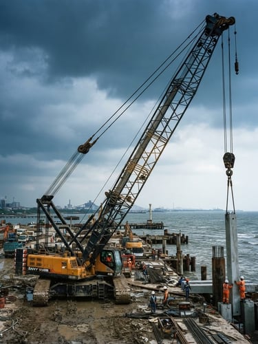 Low-angle dramatic shot of a heavy crawler crane in active operation at an Indonesian coastal infrastructure site, overcast sky, cool steel blue tones, sharp focus, 35mm