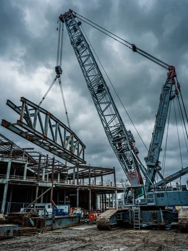 Low-angle dramatic portrait shot of a massive crawler crane lifting structural steel against an overcast sky, cool steel blue tones, 35mm.