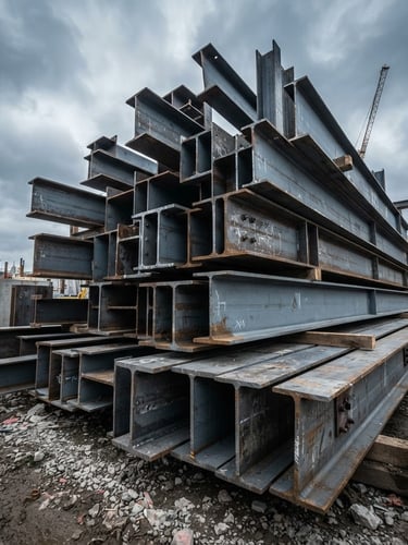 Low-angle architectural shot of raw structural steel beams stacked on a construction site, dramatic overcast daylight, cool slate tones, 35mm