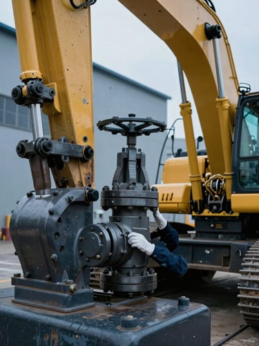 Close-up macro shot of an engineer's hands adjusting a heavy hydraulic valve on a massive yellow excavator, dramatic warehouse lighting, 35mm.