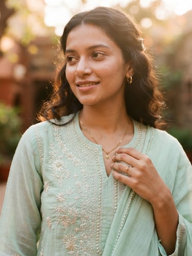 Close-up of a model wearing a delicate mint-green cotton kurta, soft golden-hour sunlight highlighting the fine hand-embroidery and light textile drape, warm editorial fashion photography.