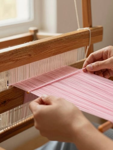 Close-up of hands weaving delicate pastel pink cotton threads on a traditional wooden loom, soft side window light, warm tones.