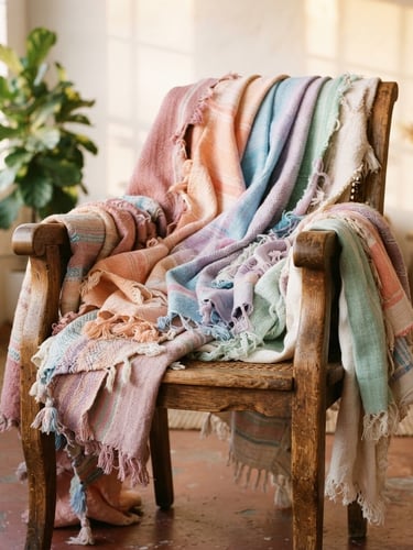 A warm, natural-light studio shot of hand-loomed pastel textiles draping over a wooden chair, soft golden hour sunlight, editorial fashion style.
