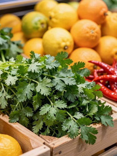 Medium close-up of vibrant fresh coriander, red chilies, and citrus fruits piled high in wooden crates under warm grocery lighting.