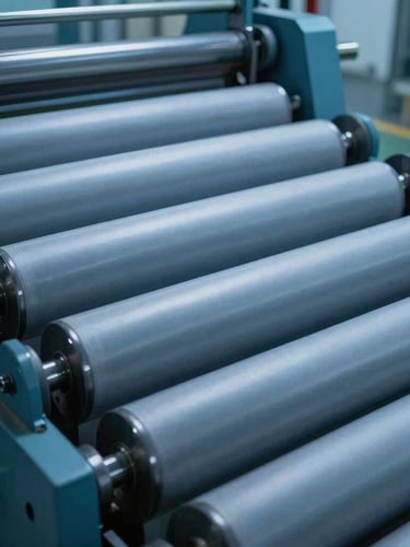 Close-up of industrial paper manufacturing rollers spinning in a clean factory environment, cool blue tones