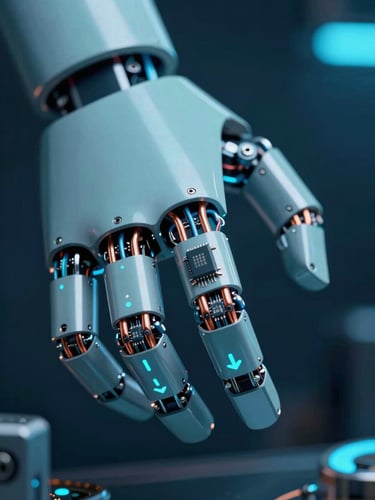 Macro close-up of a high-tech robotic hand interface with exposed copper wiring and microchips, cool blue directional technical lighting
