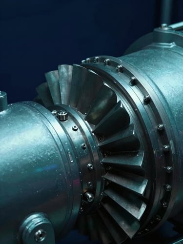 Macro close-up of heavy industrial gas turbine blades, cool tech teal ambient lighting, deep navy background, sharp mechanical details, cinematic lighting