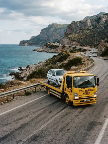 Dynamic wide shot of a modern yellow tow truck driving along the rugged Mediterranean coastal highway of Mersin, dramatic daylight, sharp focus, 35mm