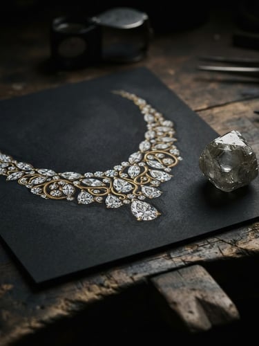 Gros plan d'un dessin gouaché de haute joaillerie, un diamant brut posé à côté, sur une table de travail en bois sombre, éclairage latéral dramatique, ambiance atelier confidentiel.